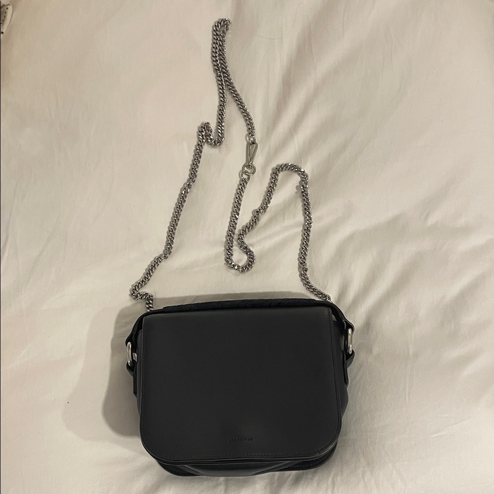 All Saints Dark Navy Leather Crossbody with Silver Chain